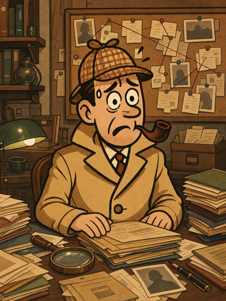 Kommissar Ratlos at his cluttered detective desk